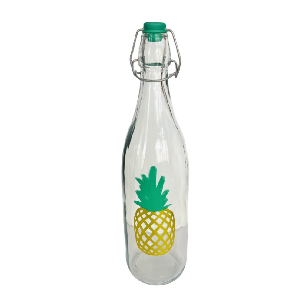 PINEAPPLE GLASS BOTTLE || TRANSPARENT, YELLOW, GREEN || ATTACHED LID || 14"